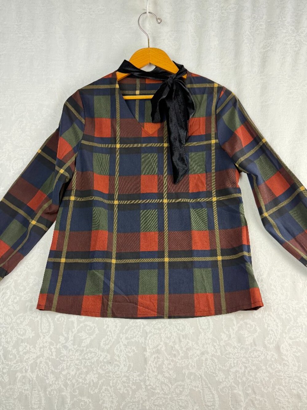 Cheeky Poplar Women’s Large Plaid Velvet Tie Neck Blouse Long Sleeve Boho Retro